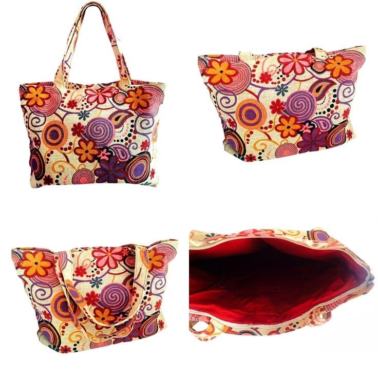 Handmade Women Bags With Sack Cloth Painted Flowers 14_